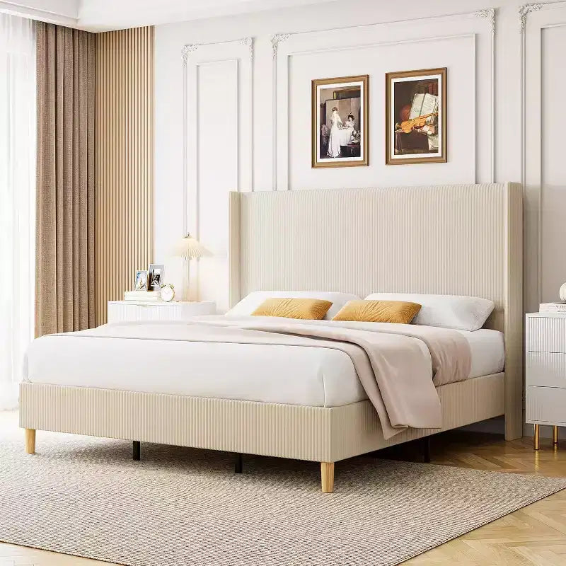 Cadre de lit King Size, cadre de lit plateforme rembourré en velours côtelé avec tête de lit capitonnée à rayures verticales et ailes, lattes en bois robustes, aucun sommier tapissier requis