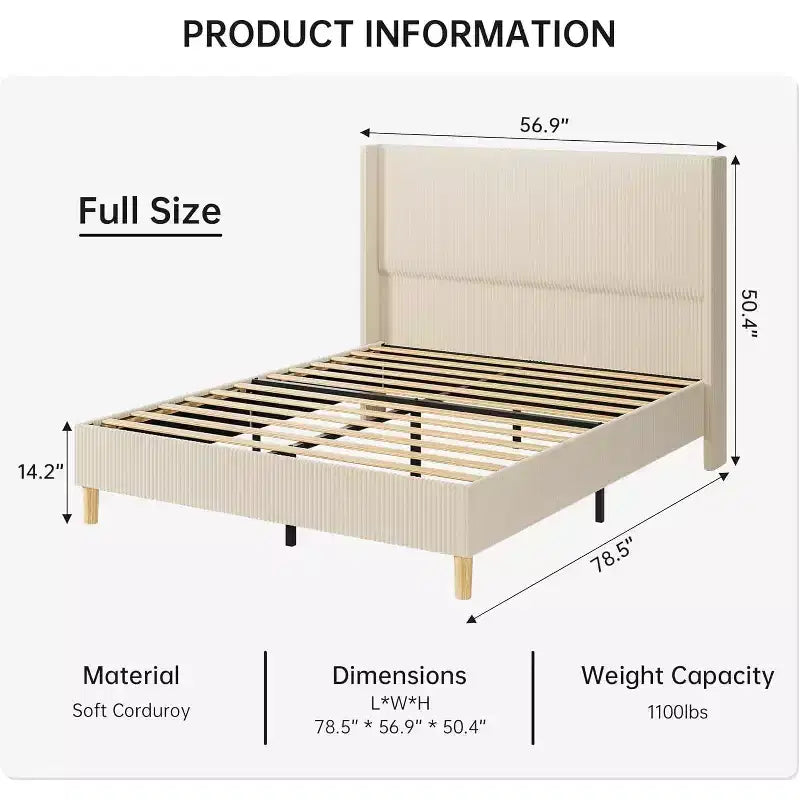 Cadre de lit King Size, cadre de lit plateforme rembourré en velours côtelé avec tête de lit capitonnée à rayures verticales et ailes, lattes en bois robustes, aucun sommier tapissier requis
