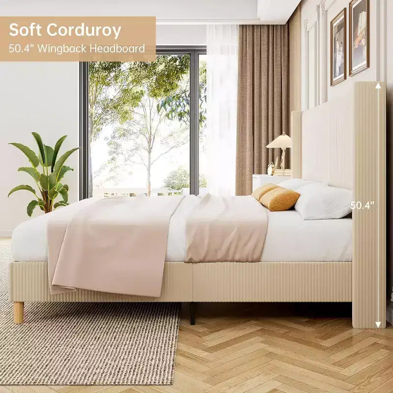 Cadre de lit King Size, cadre de lit plateforme rembourré en velours côtelé avec tête de lit capitonnée à rayures verticales et ailes, lattes en bois robustes, aucun sommier tapissier requis