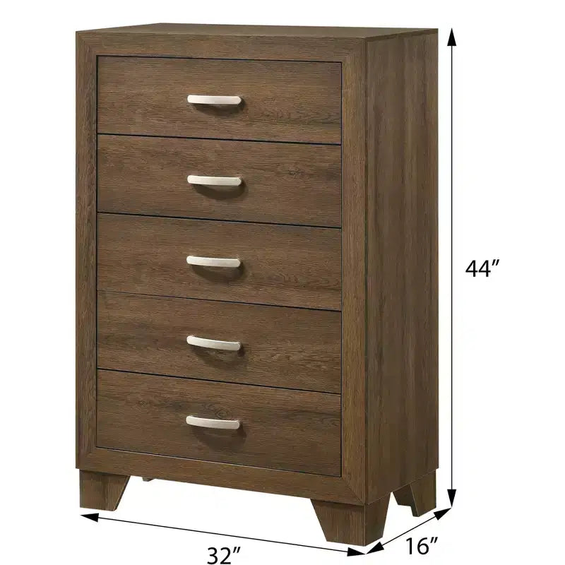 Commode classique à 5 tiroirs, armoire de rangement en grain de bois à glissement doux, table de chevet pour l'organisation de la chambre à coucher et du salon