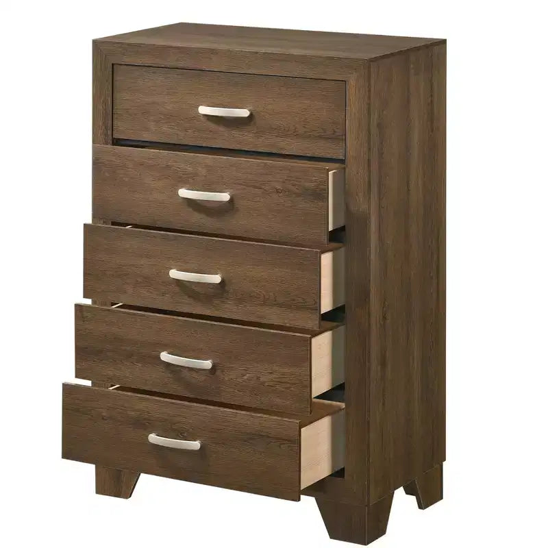 Commode classique à 5 tiroirs, armoire de rangement en grain de bois à glissement doux, table de chevet pour l'organisation de la chambre à coucher et du salon