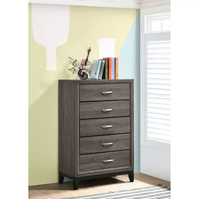 Commode classique à 5 tiroirs, armoire de rangement en grain de bois à glissement doux, table de chevet pour l'organisation de la chambre à coucher et du salon