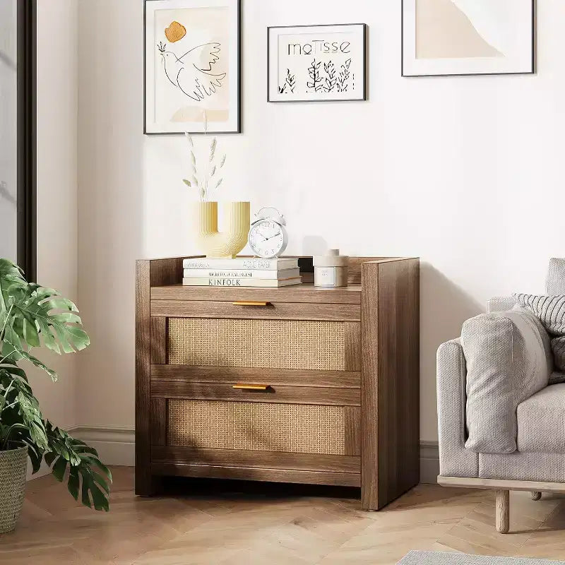 2 tables de chevet en rotin avec station de recharge, tables de chevet bohème de 60 cm de large avec 2 tiroirs, tables de nuit modernes et spacieuses pour chambre à coucher, salon