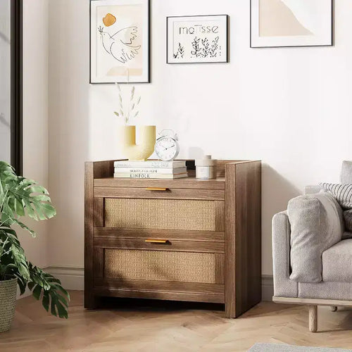2 tables de chevet en rotin avec station de recharge, tables de chevet bohème de 60 cm de large avec 2 tiroirs, tables de nuit modernes et spacieuses pour chambre à coucher, salon