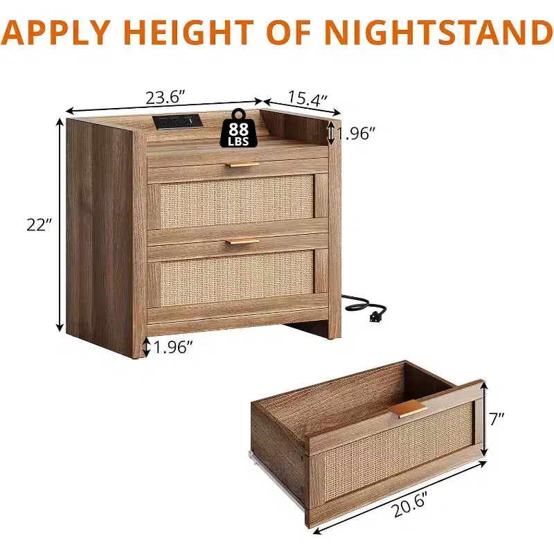 2 tables de chevet en rotin avec station de recharge, tables de chevet bohème de 60 cm de large avec 2 tiroirs, tables de nuit modernes et spacieuses pour chambre à coucher, salon