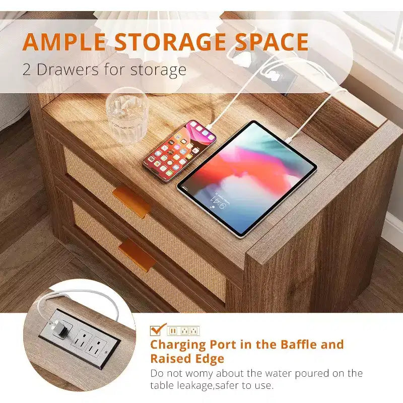 2 tables de chevet en rotin avec station de recharge, tables de chevet bohème de 60 cm de large avec 2 tiroirs, tables de nuit modernes et spacieuses pour chambre à coucher, salon