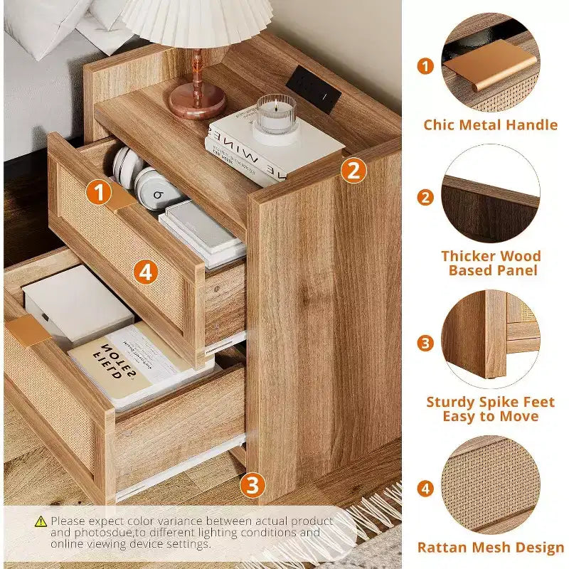 2 tables de chevet en rotin avec station de recharge, tables de chevet bohème de 60 cm de large avec 2 tiroirs, tables de nuit modernes et spacieuses pour chambre à coucher, salon