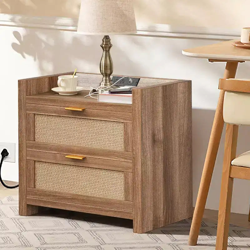 2 tables de chevet en rotin avec station de recharge, tables de chevet bohème de 60 cm de large avec 2 tiroirs, tables de nuit modernes et spacieuses pour chambre à coucher, salon