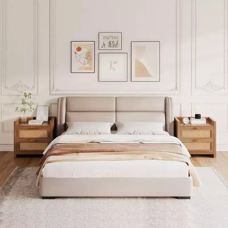2 tables de chevet en rotin avec station de recharge, tables de chevet bohème de 60 cm de large avec 2 tiroirs, tables de nuit modernes et spacieuses pour chambre à coucher, salon