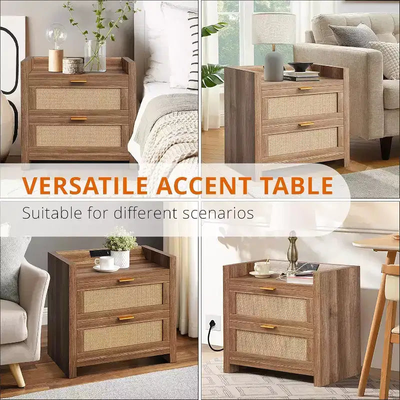 2 tables de chevet en rotin avec station de recharge, tables de chevet bohème de 60 cm de large avec 2 tiroirs, tables de nuit modernes et spacieuses pour chambre à coucher, salon