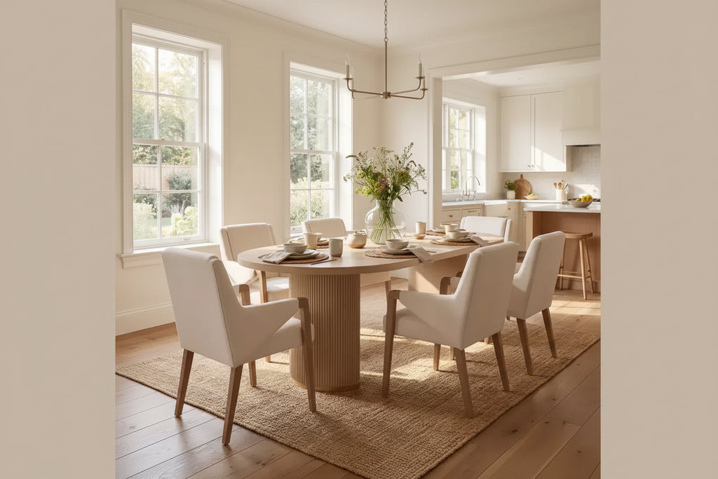 Ensemble de salle à manger moderne 7 pièces en hévéa, tapissé de lin, avec table ovale à pied central