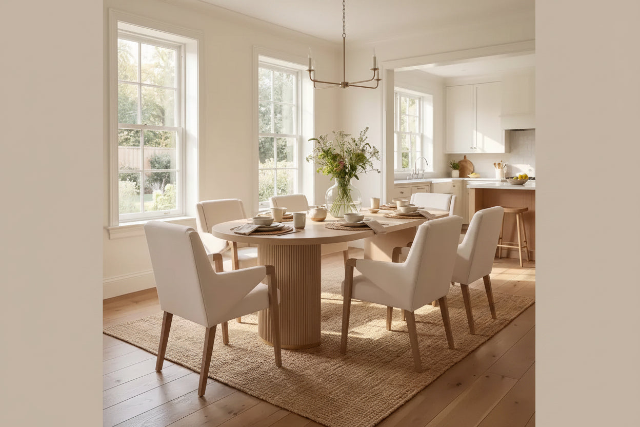 Ensemble de salle à manger moderne 7 pièces en hévéa, tapissé de lin, avec table ovale à pied central