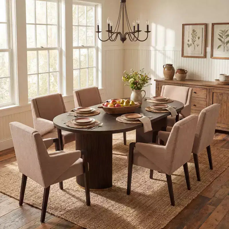 Ensemble de salle à manger moderne 7 pièces en hévéa, tapissé de lin, avec table ovale à pied central