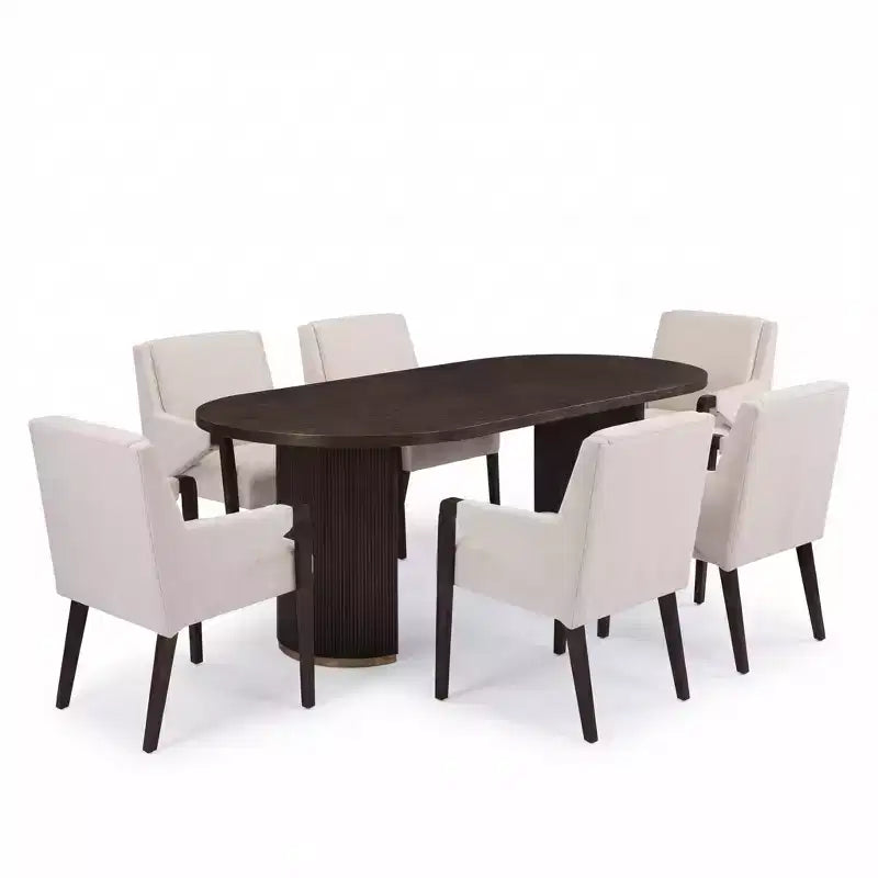 Ensemble de salle à manger moderne 7 pièces en hévéa, tapissé de lin, avec table ovale à pied central