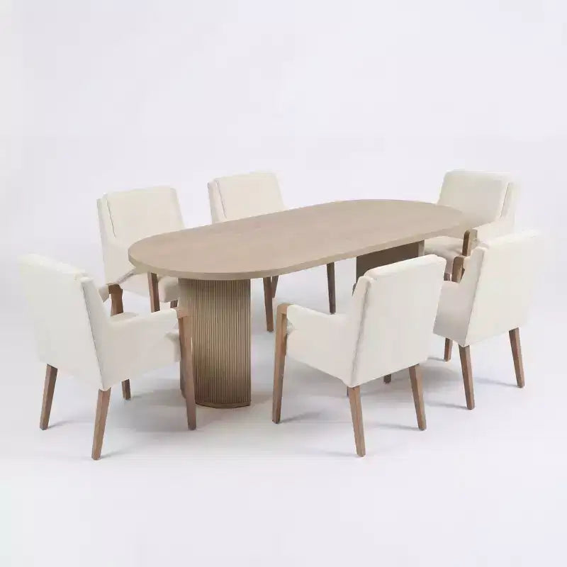 Ensemble de salle à manger moderne 7 pièces en hévéa, tapissé de lin, avec table ovale à pied central