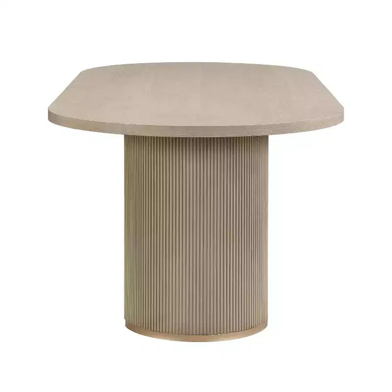 Ensemble de salle à manger moderne 7 pièces en hévéa, tapissé de lin, avec table ovale à pied central