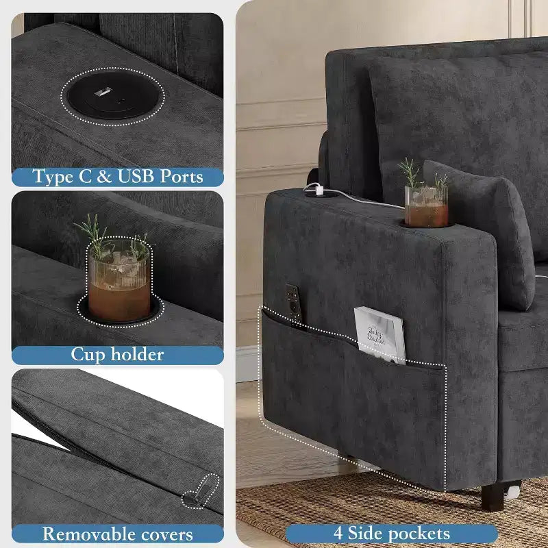 Canapé-lit convertible 3 en 1, canapé 2 places avec porte-gobelets, port USB et pochette latérale, coussins inclus