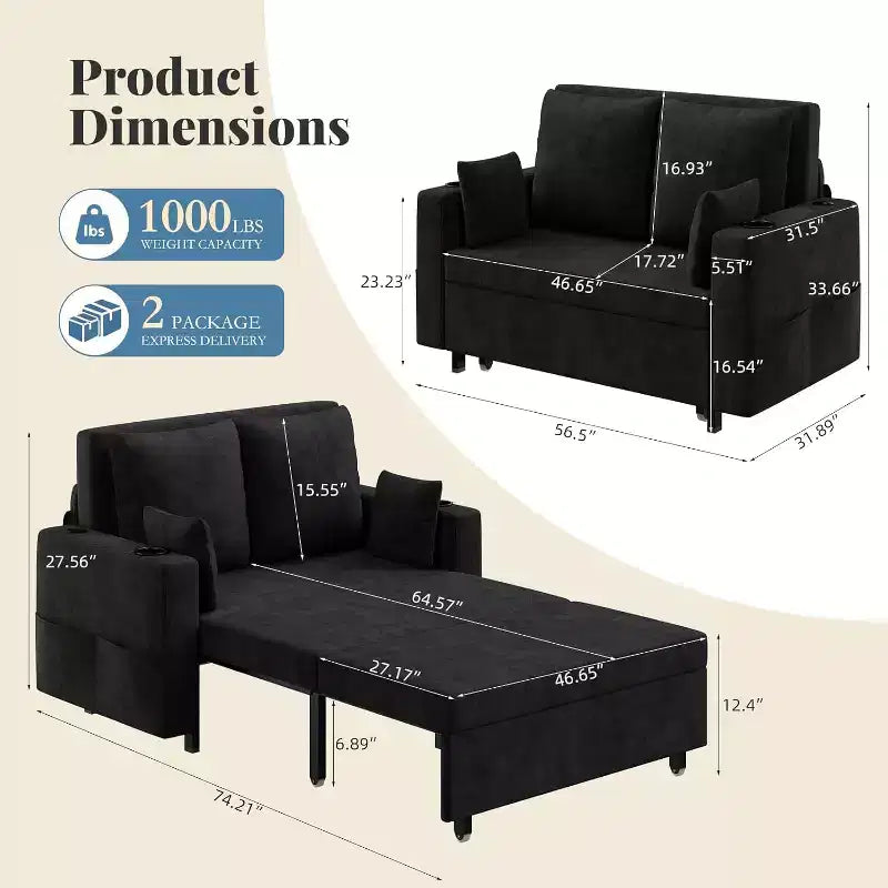 Canapé-lit convertible 3 en 1, canapé 2 places avec porte-gobelets, port USB et pochette latérale, coussins inclus