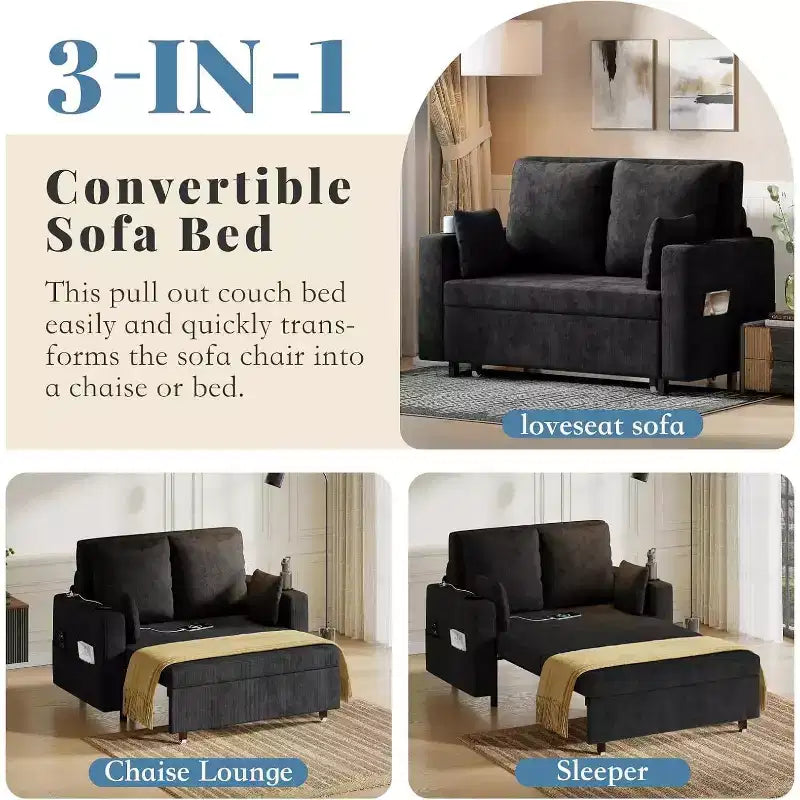 Canapé-lit convertible 3 en 1, canapé 2 places avec porte-gobelets, port USB et pochette latérale, coussins inclus
