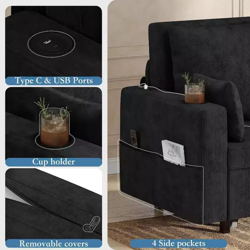 Canapé-lit convertible 3 en 1, canapé 2 places avec porte-gobelets, port USB et pochette latérale, coussins inclus