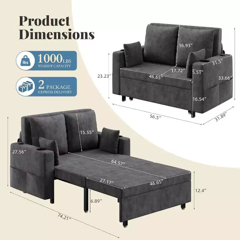 Canapé-lit convertible 3 en 1, canapé 2 places avec porte-gobelets, port USB et pochette latérale, coussins inclus