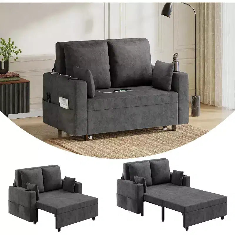 Canapé-lit convertible 3 en 1, canapé 2 places avec porte-gobelets, port USB et pochette latérale, coussins inclus
