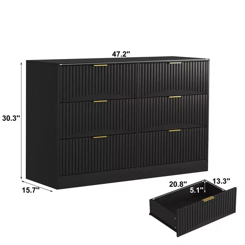 Commode à 6 tiroirs Meuble de rangement moderne avec motif ondulé en panneaux de particules Construction robuste Grand espace de rangement