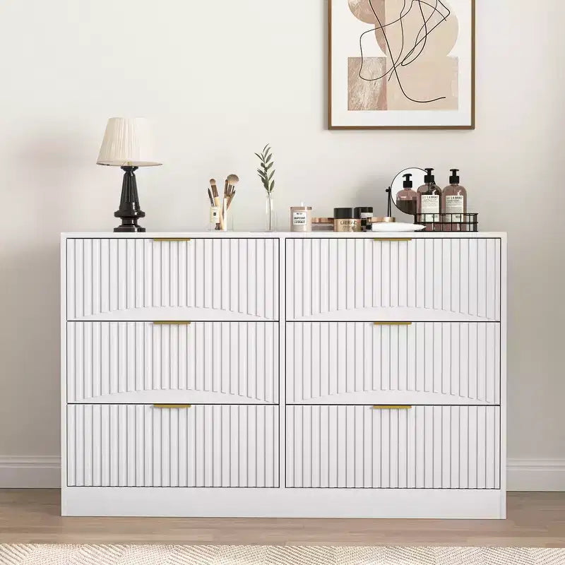 Commode à 6 tiroirs Meuble de rangement moderne avec motif ondulé en panneaux de particules Construction robuste Grand espace de rangement