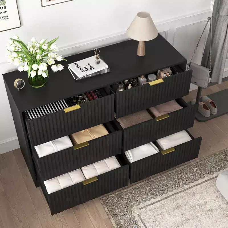 Commode à 6 tiroirs Meuble de rangement moderne avec motif ondulé en panneaux de particules Construction robuste Grand espace de rangement