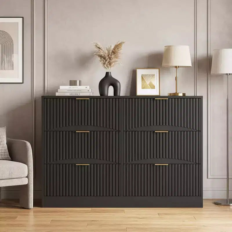 Commode à 6 tiroirs Meuble de rangement moderne avec motif ondulé en panneaux de particules Construction robuste Grand espace de rangement