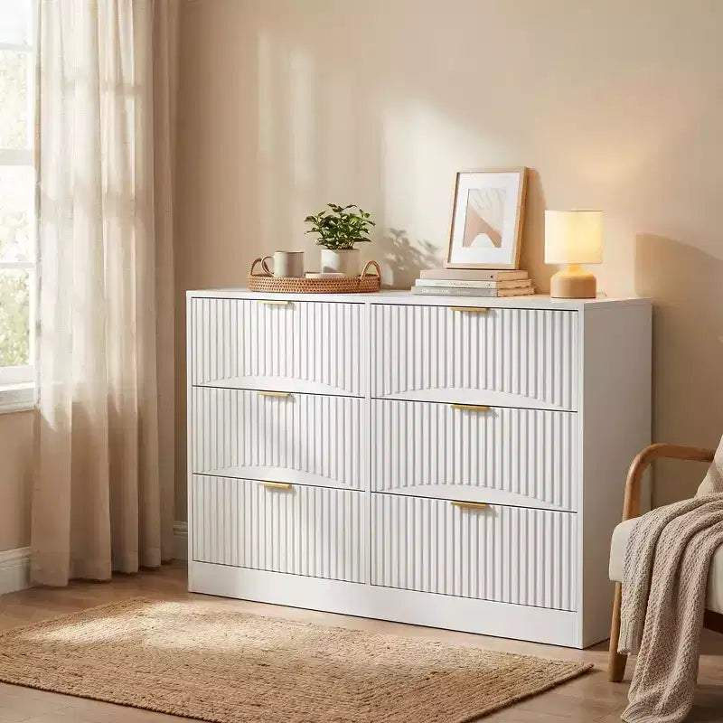 Commode à 6 tiroirs Meuble de rangement moderne avec motif ondulé en panneaux de particules Construction robuste Grand espace de rangement