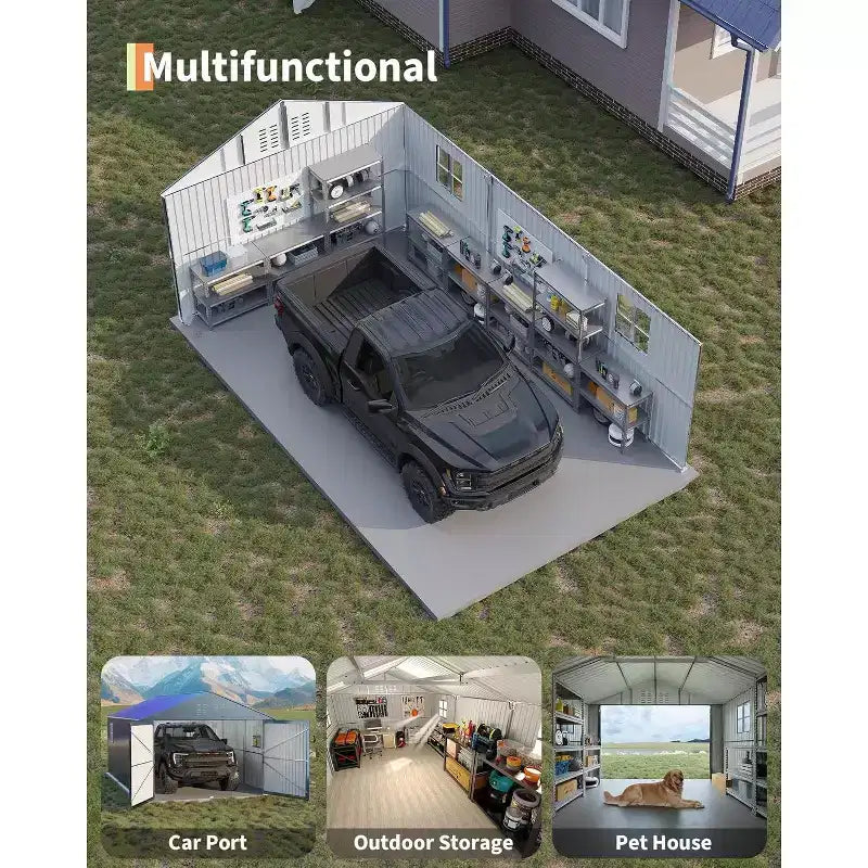 Abri de voiture tout acier 3,6 x 6,1 m avec toit vertical, abri de garage métallique galvanisé robuste, pour le stockage de véhicules et d'équipements d'extérieur