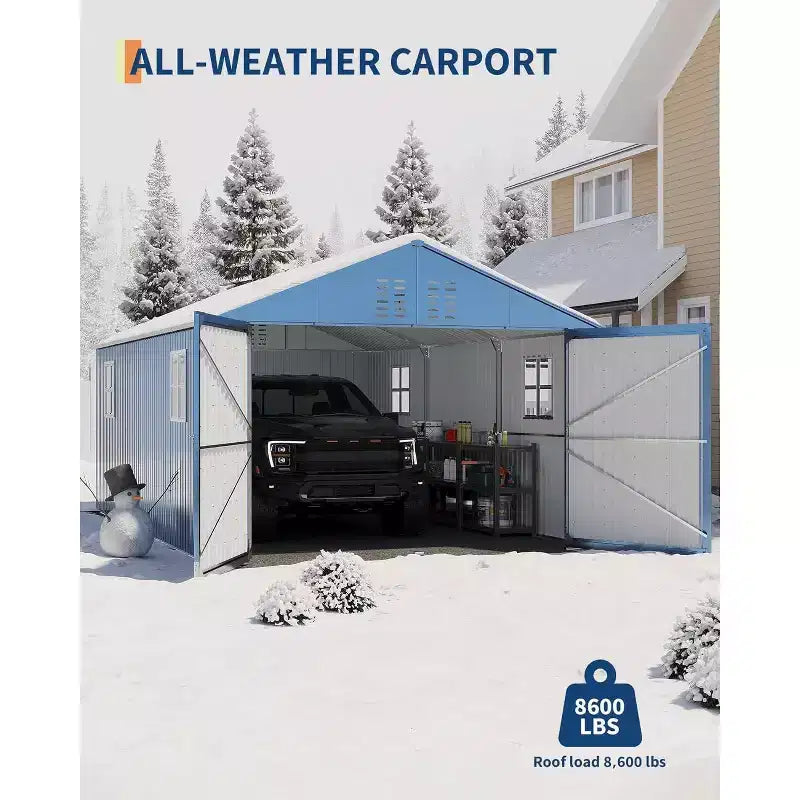 Abri de voiture tout acier 3,6 x 6,1 m avec toit vertical, abri de garage métallique galvanisé robuste, pour le stockage de véhicules et d'équipements d'extérieur