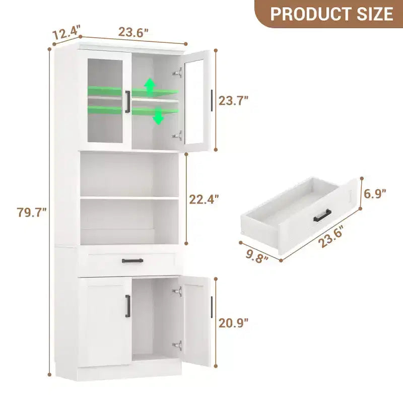 Meuble de cuisine haut de 203 cm, bibliothèque de rangement avec porte vitrée et tiroir en bois