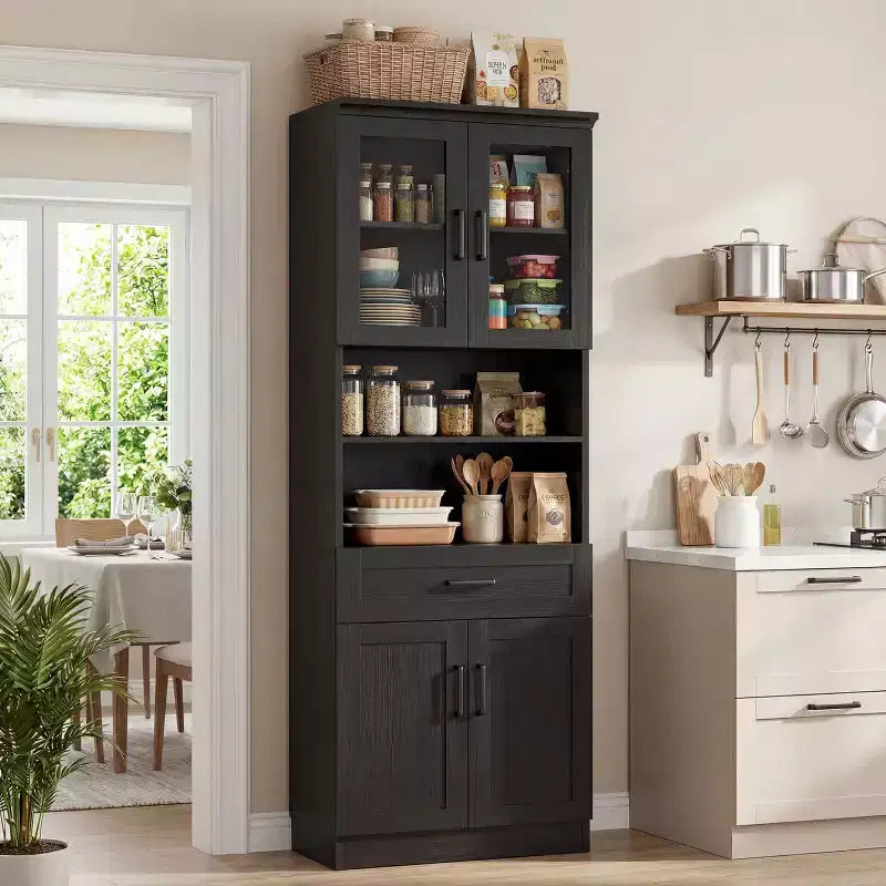 Meuble de cuisine haut de 203 cm, bibliothèque de rangement avec porte vitrée et tiroir en bois