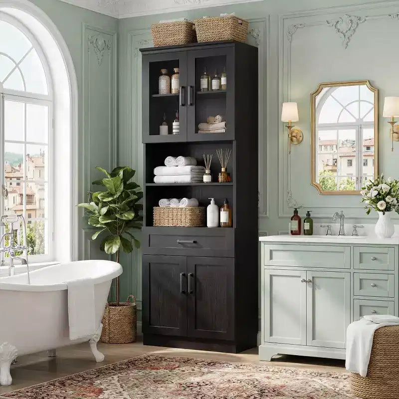Meuble de cuisine haut de 203 cm, bibliothèque de rangement avec porte vitrée et tiroir en bois