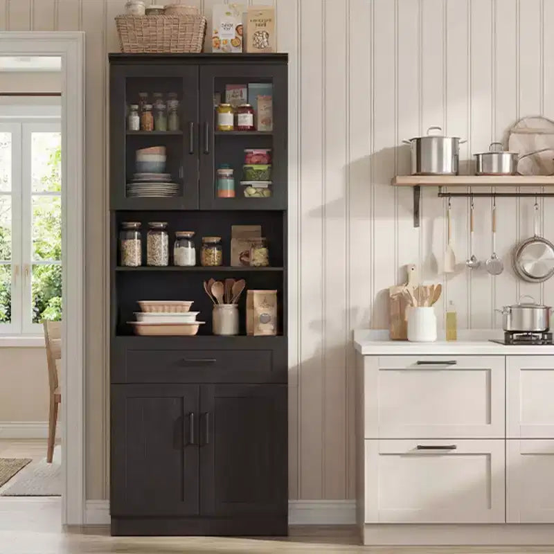 Meuble de cuisine haut de 203 cm, bibliothèque de rangement avec porte vitrée et tiroir en bois