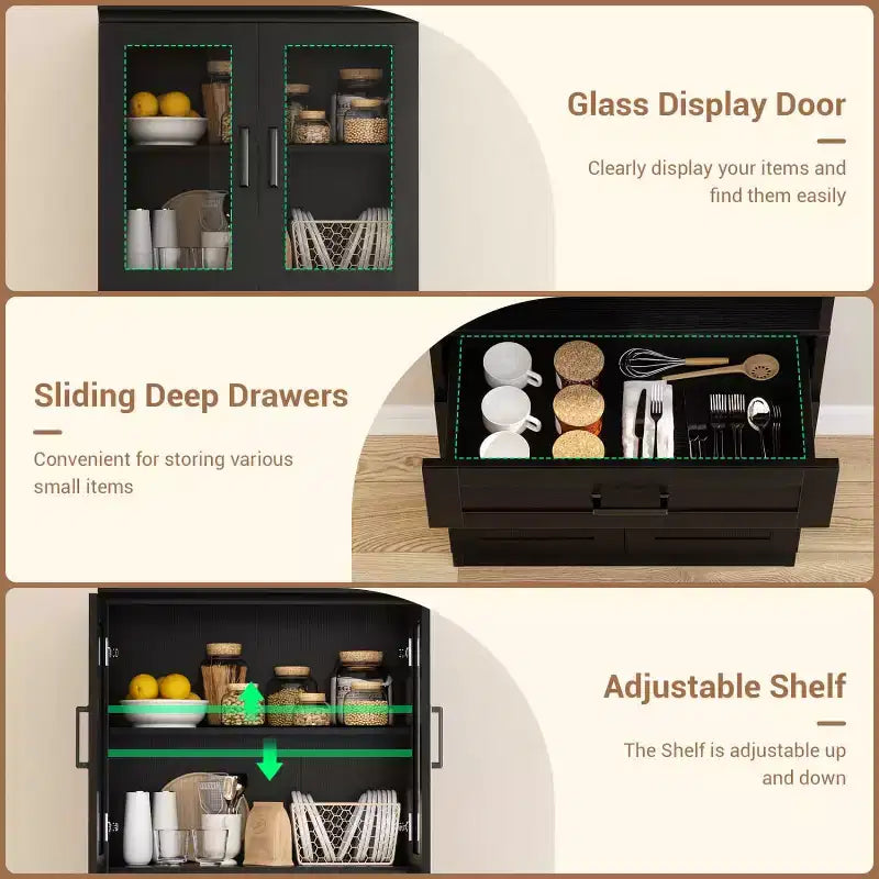 Meuble de cuisine haut de 203 cm, bibliothèque de rangement avec porte vitrée et tiroir en bois
