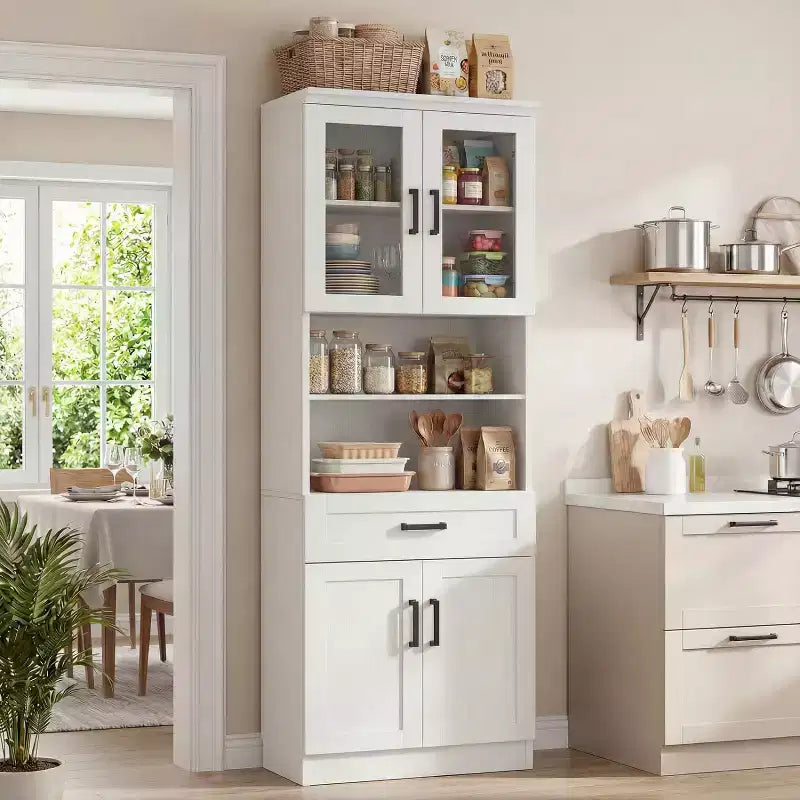 Meuble de cuisine haut de 203 cm, bibliothèque de rangement avec porte vitrée et tiroir en bois