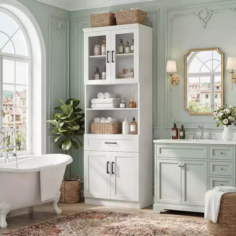 Meuble de cuisine haut de 203 cm, bibliothèque de rangement avec porte vitrée et tiroir en bois