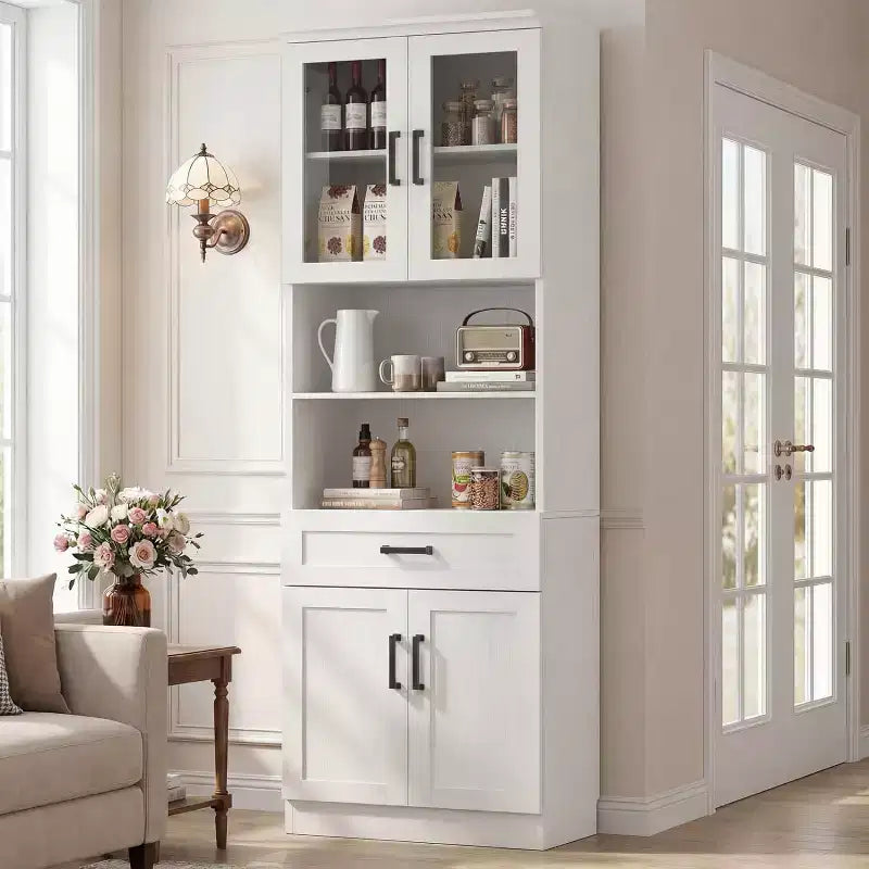 Meuble de cuisine haut de 203 cm, bibliothèque de rangement avec porte vitrée et tiroir en bois
